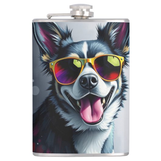 Kleurrijke Hond met Zonnebril Heupfles (Voorkant)