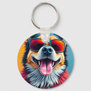 Kleurrijke Hond met Zonnebril Sleutelhanger