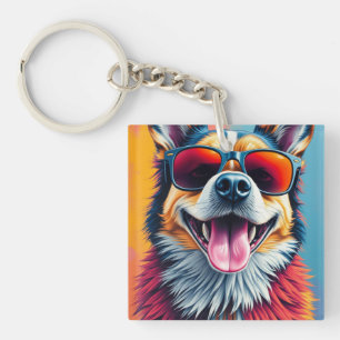 Kleurrijke Hond met Zonnebril Sleutelhanger