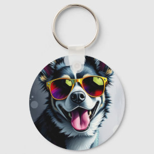 Kleurrijke Hond met Zonnebril Sleutelhanger