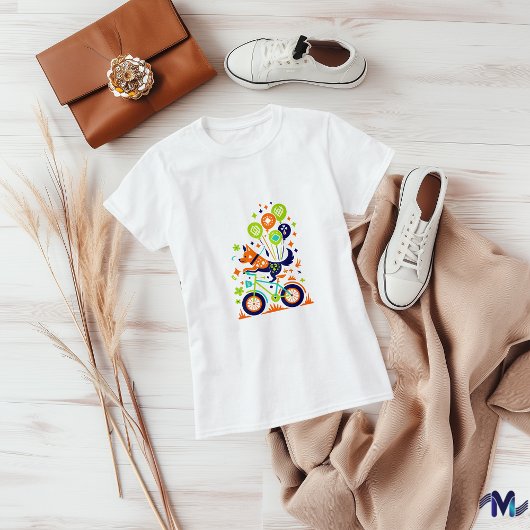 Kleurrijke Hond op Fiets Art Design T-shirt