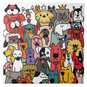 Kleurrijke honden doodles kunst tegeltje
