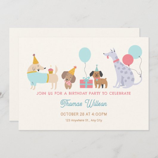 Kleurrijke honden verjaardagsfeestje kaart (Voorkant / Achterkant)