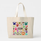 Kleurrijke hondenpootafdrukken overal op aangepast grote tote bag (Achterkant)