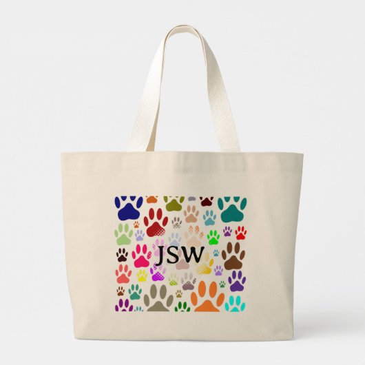Kleurrijke hondenpootafdrukken overal op aangepast grote tote bag (Achterkant)
