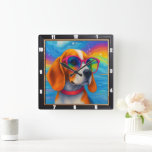 Kleurrijke Hondenzonnebril Pop Art Vierkante Klok<br><div class="desc">Deze levendige wandklok toont een kunstzinnige afbeelding van een hondensporter met een koele, kleurrijke zonnebril, weergegeven in een opvallende pop-kunststijl. Het gedurfde ontwerp en de vrolijke tinten maken het een funky en uniek decoratief stuk, ideaal om een vleugje eigenzinnigheid en persoonlijkheid toe te voegen aan elke moderne woonruimte of als...</div>