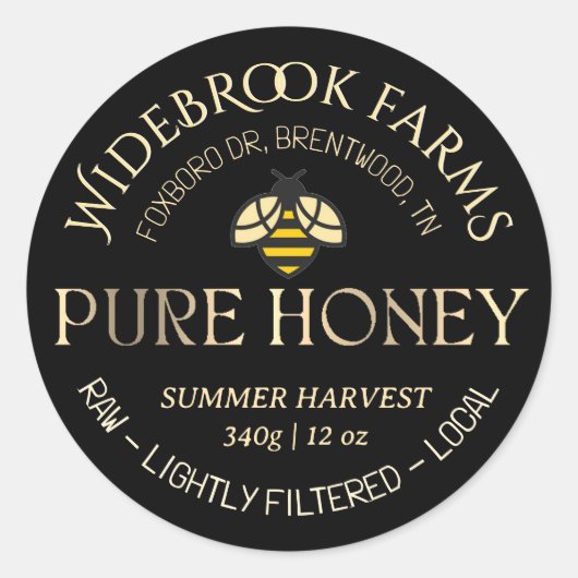 Kleurrijke Honeybee Logo Pure Honing Zwart Goud Ronde Sticker (Voorkant)