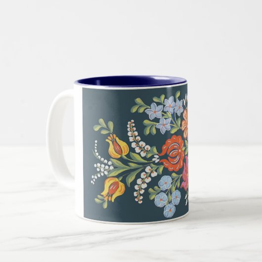 kleurrijke Hongaarse bloemen Tweekleurige Koffiemok (Voorkant links)