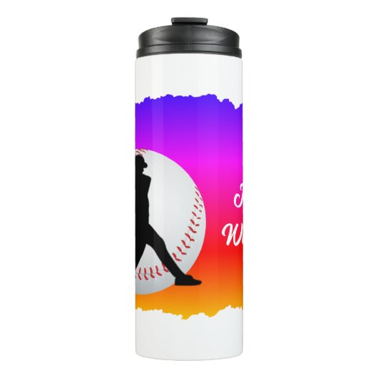 Kleurrijke honkbal met speler en bal thermosbeker (Voorkant)