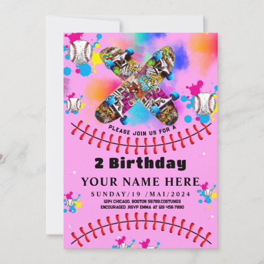 Kleurrijke honkbal skateboard graffiti roze feest kaart (Voorkant)