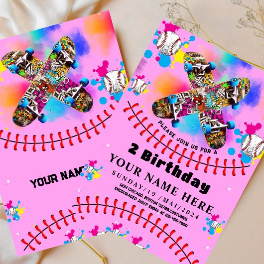 Kleurrijke honkbal skateboard graffiti roze feest kaart