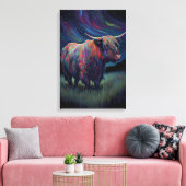 Kleurrijke hoogland Koe in gras 's nachts Canvas Afdruk (Insitu (Woonkamer))
