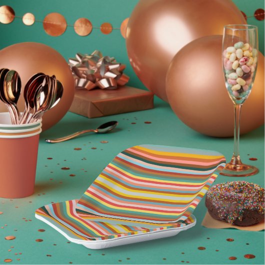 Kleurrijke horizontale retrostrepen papieren bordje (Multi)