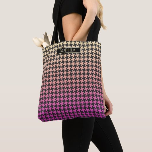 Kleurrijke Houndstooth-Roze aan Gele Gradiënt- Tote Bag (Dichtbij)