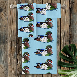 Kleurrijke Hout Eend Waterlelie Wilde Dieren Blauw Bad Handdoek