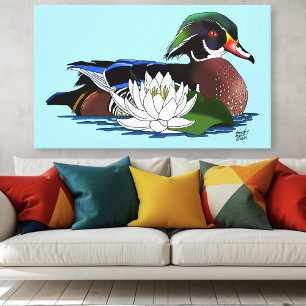 Kleurrijke Hout Eend Waterlelie Wilde Dieren Blauw Canvas Afdruk