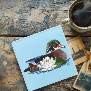 Kleurrijke Hout Eend Waterlelie Wilde Dieren Blauw Glazen Onderzetter