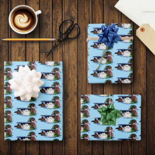 Kleurrijke Hout Eend Waterlelie Wilde Dieren Blauw Inpakpapier Vel