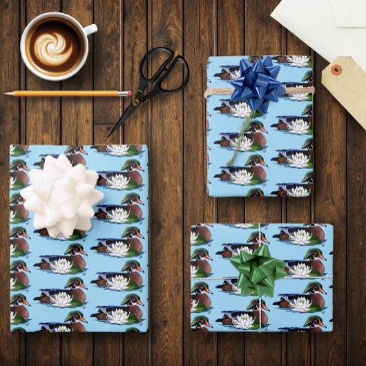 Kleurrijke Hout Eend Waterlelie Wilde Dieren Blauw Inpakpapier Vel