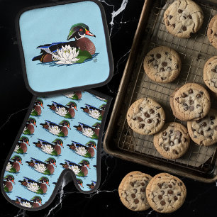 Kleurrijke Hout Eend Waterlelie Wilde Dieren Blauw Ovenwant & Pannenlap Set