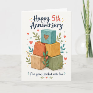 Kleurrijke Houten Blokken Bloem 5e Verjaardag Kaart