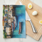 Kleurrijke houten boten in het Harbour Village Theedoek (Quarter Fold)