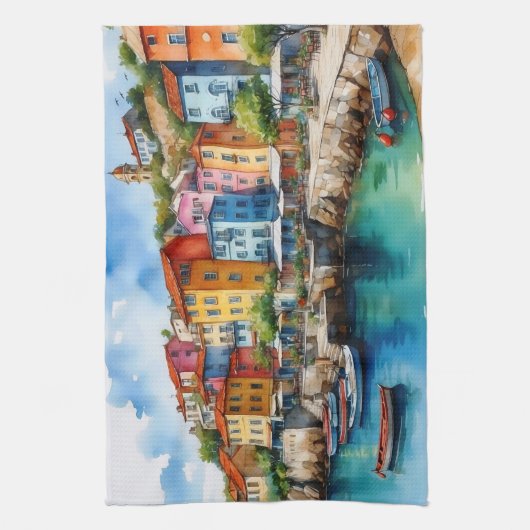 Kleurrijke houten boten in het Harbour Village Theedoek (Verticaal)