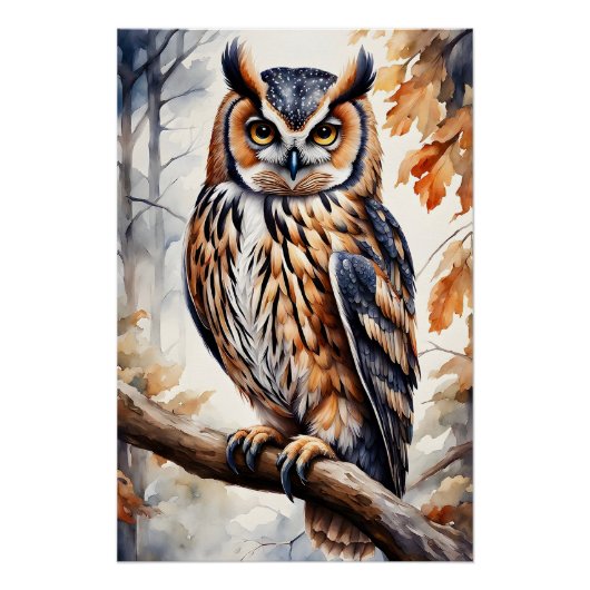 Kleurrijke Houten Uil op Boomtak Perfect Poster (Voorkant)
