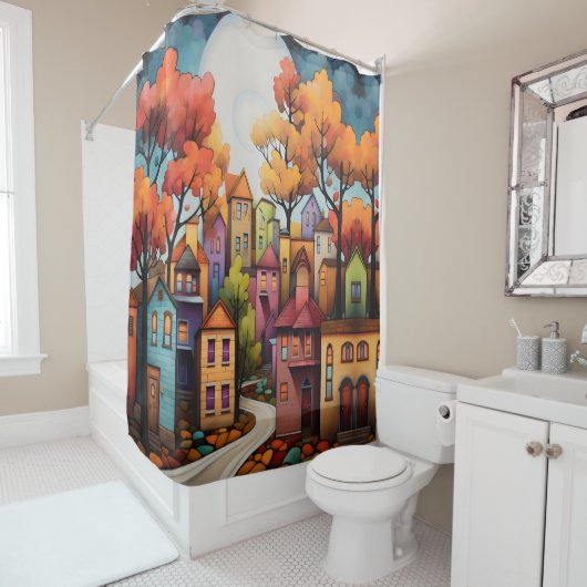 Kleurrijke huizen en bomen in de herfst douchegordijn (In situ)