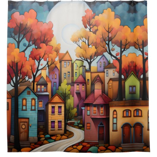 Kleurrijke huizen en bomen in de herfst douchegordijn (Voorkant)