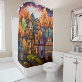 Kleurrijke huizen en bomen in de herfst douchegordijn