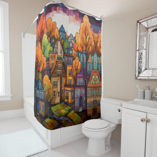 Kleurrijke huizen en bomen in de herfst douchegordijn (In situ)