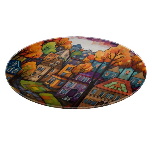 Kleurrijke huizen en bomen in de herfst snijplank (Hoek)