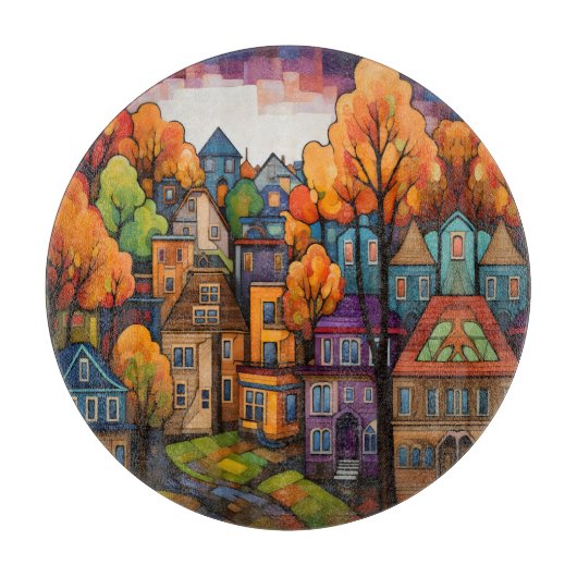 Kleurrijke huizen en bomen in de herfst snijplank (Voorkant)