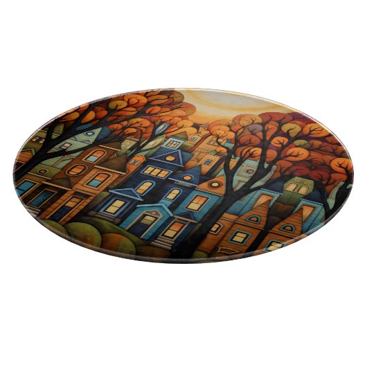 Kleurrijke huizen en bomen in de herfst snijplank (Hoek)