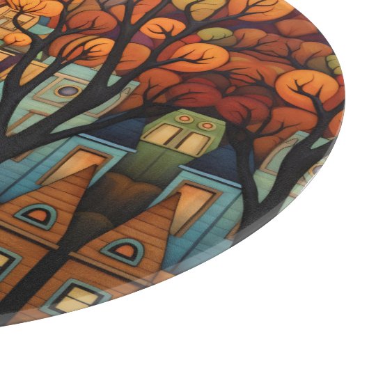 Kleurrijke huizen en bomen in de herfst snijplank (Hoek)