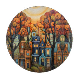 Kleurrijke huizen en bomen in de herfst snijplank