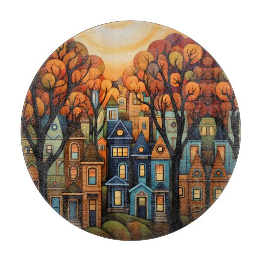 Kleurrijke huizen en bomen in de herfst snijplank (Voorkant)