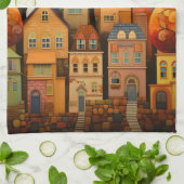 Kleurrijke huizen en bomen in de herfst theedoek (Gevouwen)