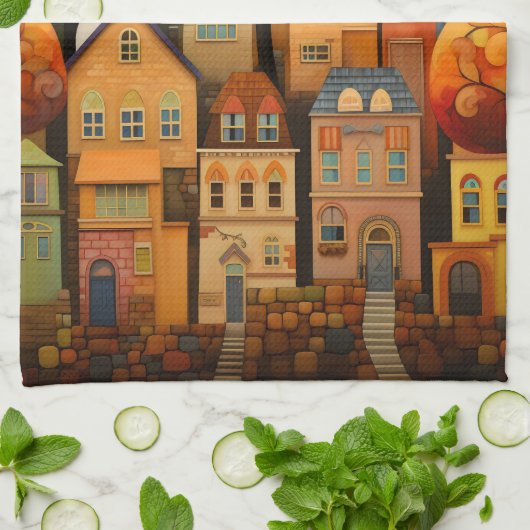 Kleurrijke huizen en bomen in de herfst theedoek (Gevouwen)