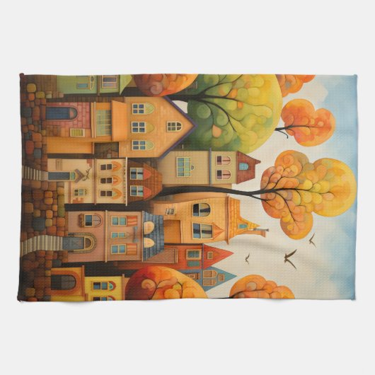 Kleurrijke huizen en bomen in de herfst theedoek (Horizontaal)