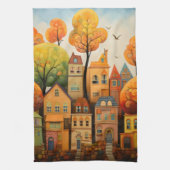 Kleurrijke huizen en bomen in de herfst theedoek (Verticaal)