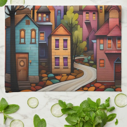 Kleurrijke huizen en bomen in de herfst theedoek (Gevouwen)