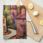 Kleurrijke huizen en bomen in de herfst theedoek (Quarter Fold)