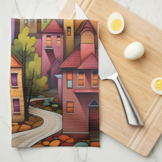 Kleurrijke huizen en bomen in de herfst theedoek (Quarter Fold)