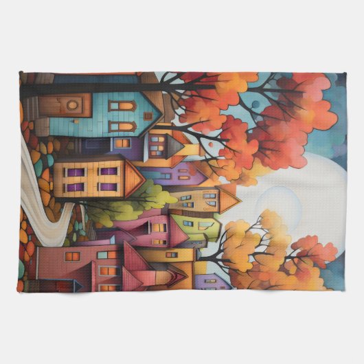 Kleurrijke huizen en bomen in de herfst theedoek (Horizontaal)