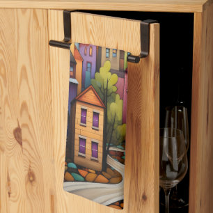 Kleurrijke huizen en bomen in de herfst theedoek