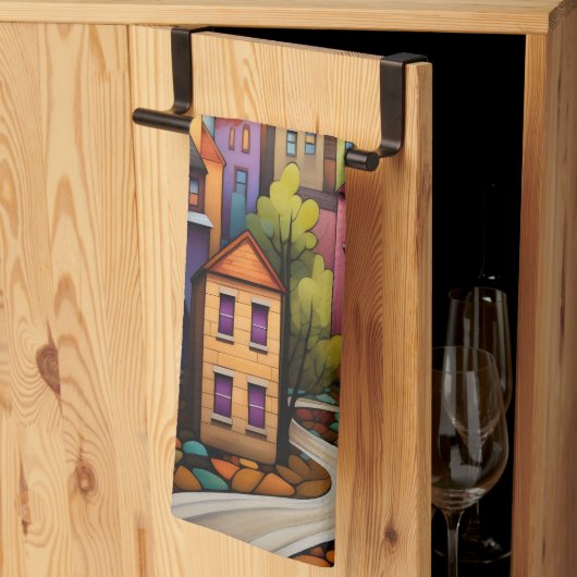 Kleurrijke huizen en bomen in de herfst theedoek (Derde Gevouwen)