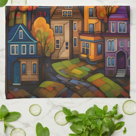 Kleurrijke huizen en bomen in de herfst theedoek (Gevouwen)