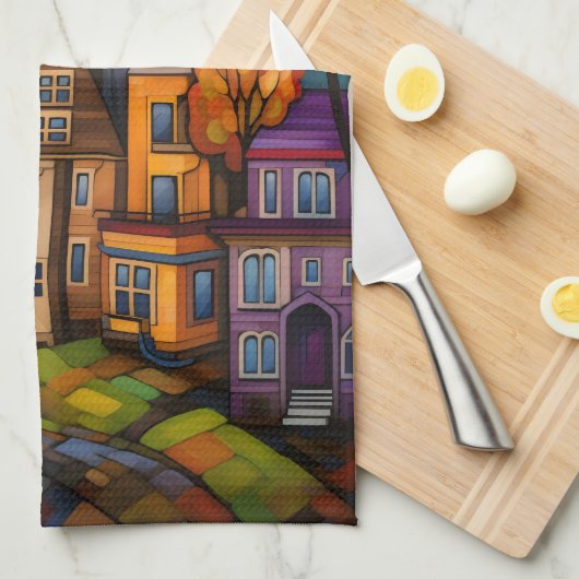 Kleurrijke huizen en bomen in de herfst theedoek (Quarter Fold)